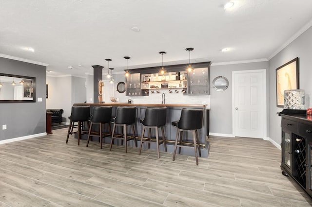 11 Fairway Dr Unit Oceanview, Plymouth, MA 02360 - bar featuring crown molding, indoor wet bar, light wood-style flooring, and baseboards
