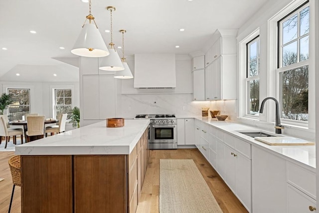 kitchen featuring tasteful backsplash, custom range hood, a kitchen island, high end stainless steel range oven, and a sink