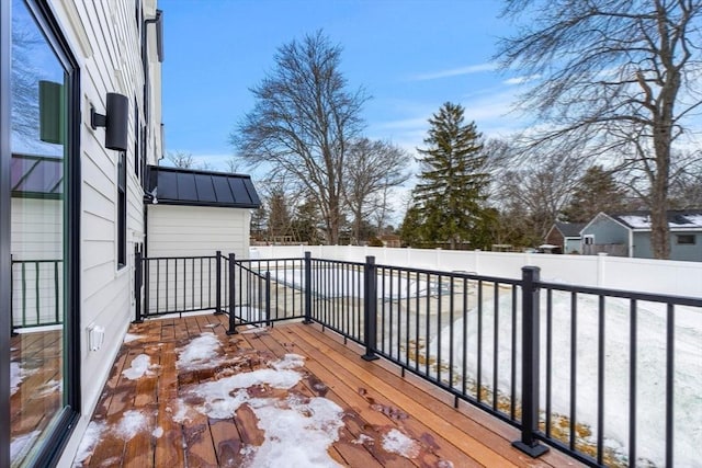 snow covered deck featuring a fenced backyard