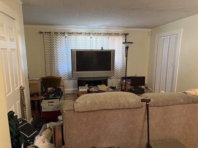 living room featuring crown molding
