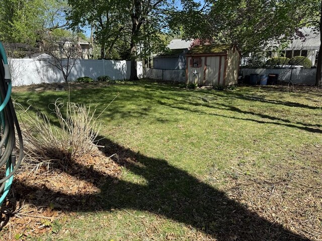view of yard with an outdoor structure, a shed, and a fenced backyard