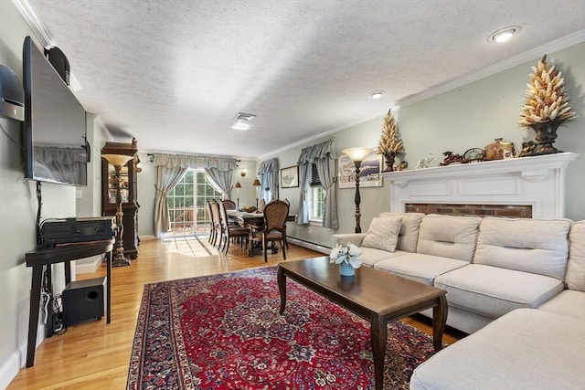 14 Harbor Light Rd, Leominster, MA 01453 - living area with a textured ceiling, light wood-type flooring, ornamental molding, a baseboard heating unit, and a fireplace