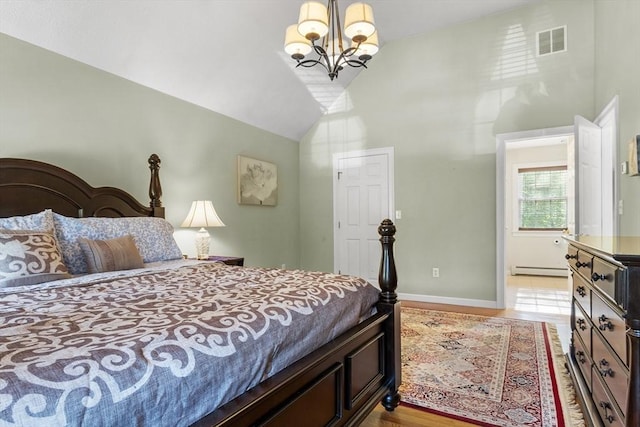 14 Harbor Light Rd, Leominster, MA 01453 - bedroom with a chandelier, high vaulted ceiling, light wood-style floors, and a baseboard heating unit