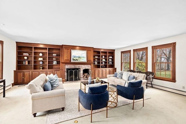 living room with a baseboard heating unit, built in shelves, a brick fireplace, and light colored carpet