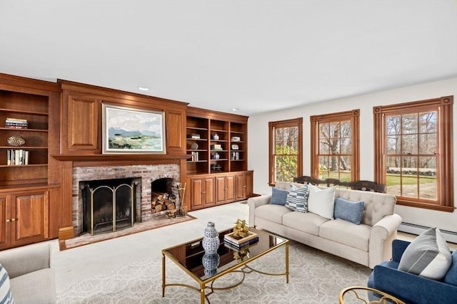 living area featuring a fireplace, carpet flooring, and baseboard heating