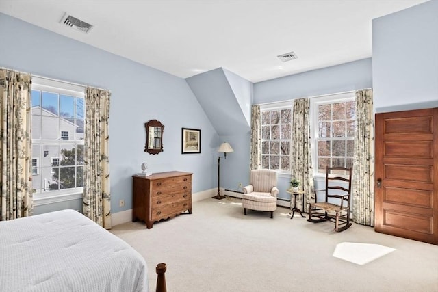 bedroom featuring baseboards, visible vents, and carpet floors