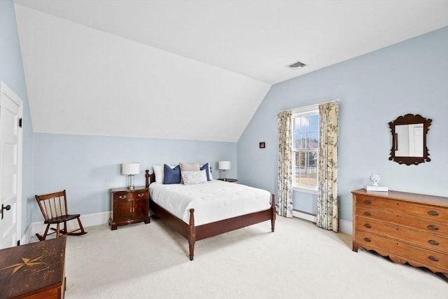 bedroom featuring baseboards, vaulted ceiling, visible vents, and carpet floors