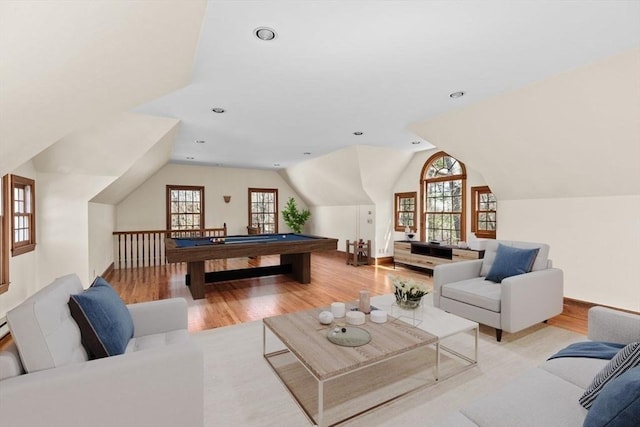 living area featuring light wood-style floors, billiards, lofted ceiling, and recessed lighting