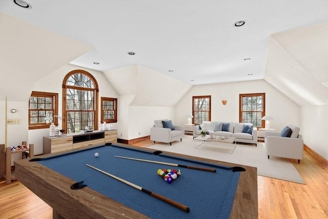 recreation room featuring recessed lighting, light wood-style flooring, vaulted ceiling, and billiards
