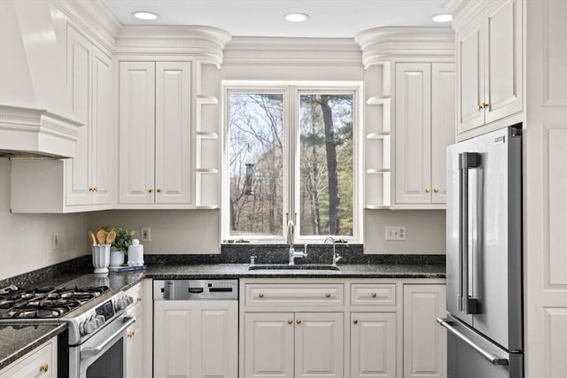 kitchen featuring white cabinets, open shelves, a sink, appliances with stainless steel finishes, and custom range hood
