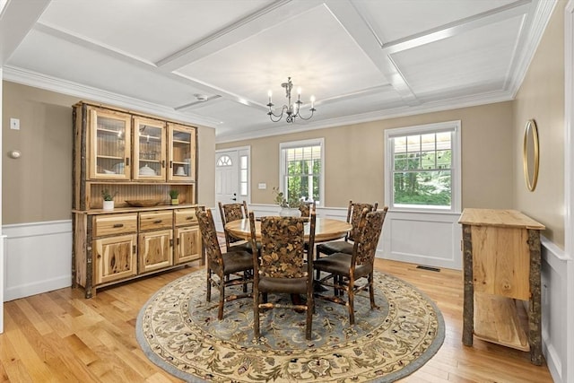 299 Reedy Meadow Rd, Groton, MA 01450 - dining room with coffered ceiling, light wood finished floors, a chandelier, ornamental molding, and wainscoting