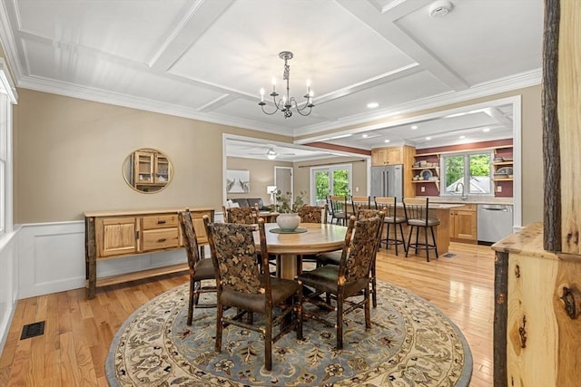 299 Reedy Meadow Rd, Groton, MA 01450 - dining area featuring light wood finished floors, coffered ceiling, healthy amount of natural light, a chandelier, and ornamental molding