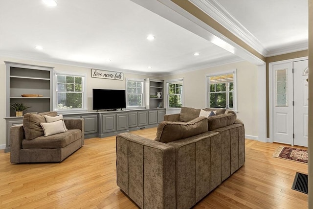 299 Reedy Meadow Rd, Groton, MA 01450 - living room with crown molding, plenty of natural light, light wood-style floors, recessed lighting, and built in features