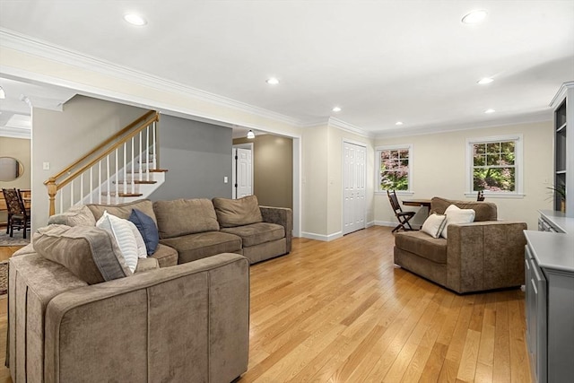 299 Reedy Meadow Rd, Groton, MA 01450 - living area with light wood-style flooring, ornamental molding, stairs, recessed lighting, and baseboards