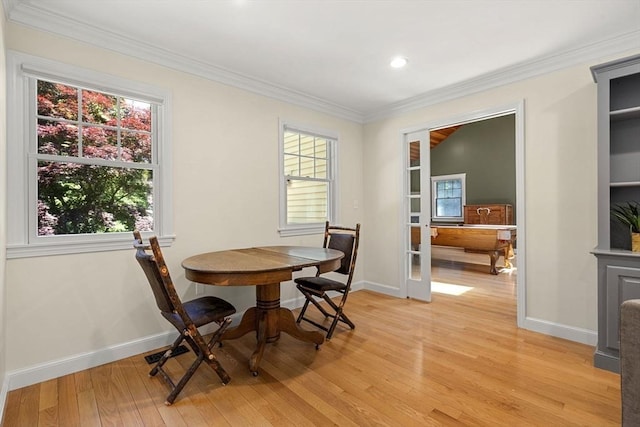 299 Reedy Meadow Rd, Groton, MA 01450 - dining area with light wood-type flooring, baseboards, ornamental molding, and recessed lighting