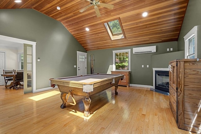 299 Reedy Meadow Rd, Groton, MA 01450 - game room featuring billiards, wood ceiling, a wall mounted AC, baseboards, and light wood-type flooring