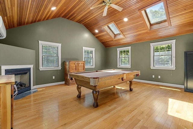 299 Reedy Meadow Rd, Groton, MA 01450 - rec room featuring vaulted ceiling, billiards table, a skylight, a fireplace, and wood ceiling