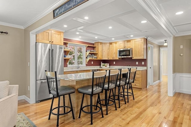 299 Reedy Meadow Rd, Groton, MA 01450 - kitchen featuring appliances with stainless steel finishes, open shelves, crown molding, light wood-style flooring, and light brown cabinetry