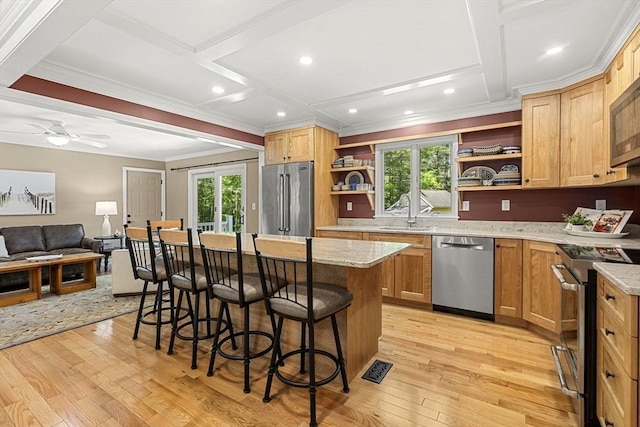299 Reedy Meadow Rd, Groton, MA 01450 - kitchen with appliances with stainless steel finishes, open shelves, coffered ceiling, crown molding, and light wood-style floors