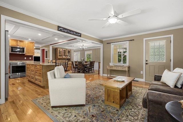 299 Reedy Meadow Rd, Groton, MA 01450 - living room featuring crown molding, light wood-style floors, ceiling fan, a chandelier, and recessed lighting