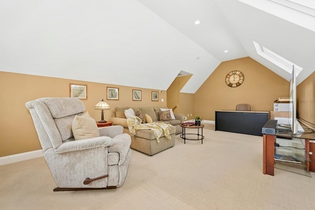 living area featuring baseboards, carpet, and vaulted ceiling