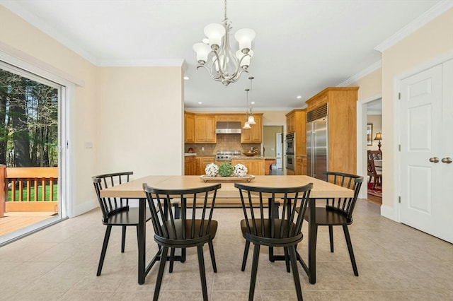 dining room featuring an inviting chandelier, light tile patterned floors, ornamental molding, and recessed lighting