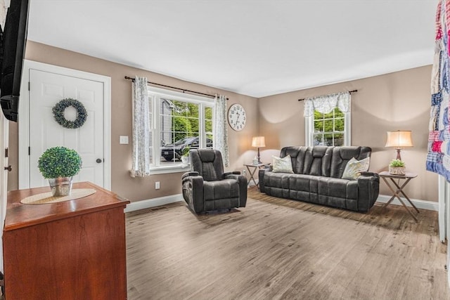 living area featuring wood finished floors, healthy amount of natural light, and baseboards