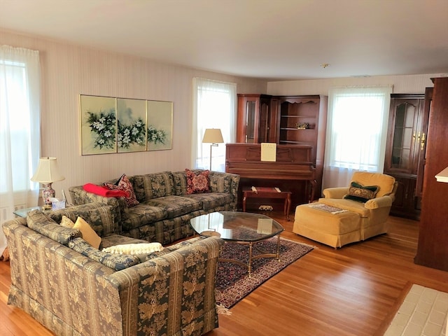 living room featuring light wood-type flooring and plenty of natural light
