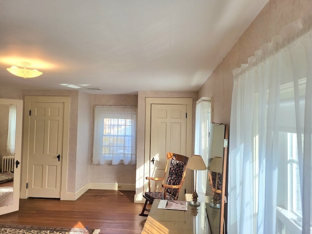 sitting room with dark hardwood / wood-style flooring and radiator heating unit