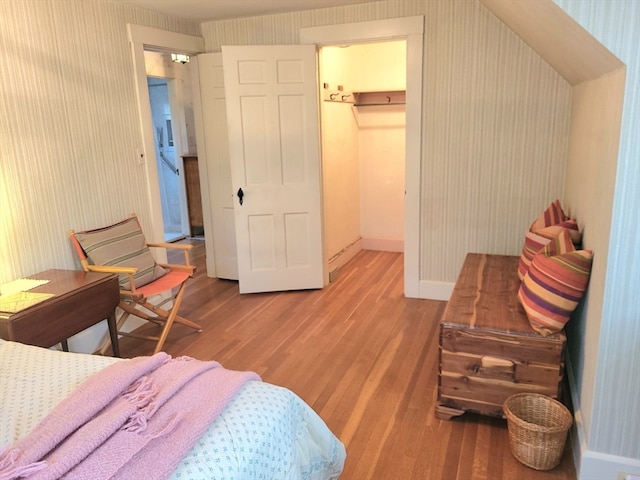 bedroom with a closet, a spacious closet, and wood-type flooring