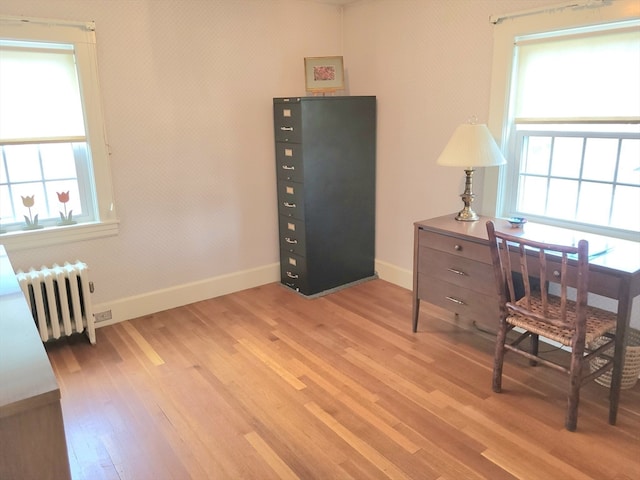 office area featuring light hardwood / wood-style floors, radiator heating unit, and a wealth of natural light