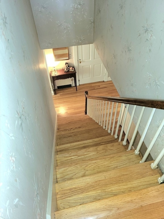 staircase with hardwood / wood-style flooring