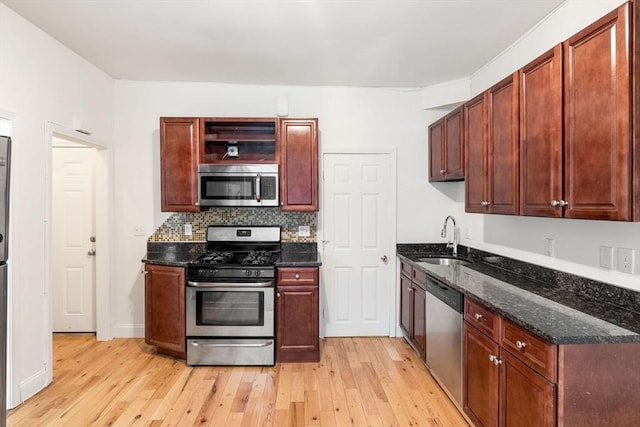 kitchen featuring open shelves, light wood-style flooring, a sink, stainless steel appliances, and tasteful backsplash