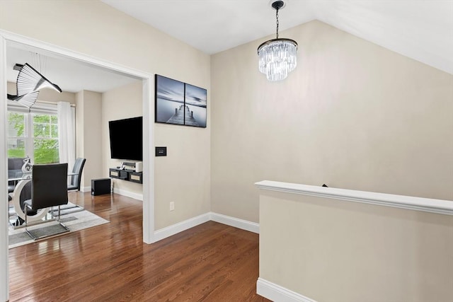 5 Manor Dr Unit B, Hooksett, NH 03106 - office with a chandelier, dark wood-style floors, baseboards, and vaulted ceiling