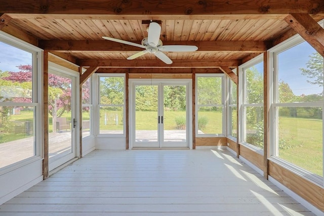 460 W Main Rd, Little Compton, RI 02837 - unfurnished sunroom with french doors, wood ceiling with exposed beams, plenty of natural light, and ceiling fan