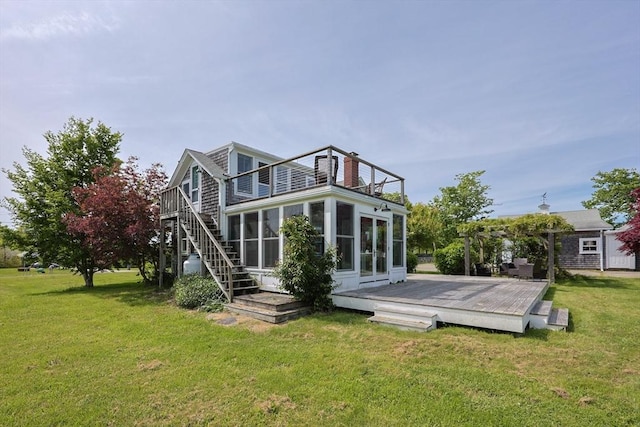460 W Main Rd, Little Compton, RI 02837 - rear view of property featuring a balcony, a wooden deck, a sunroom, and a yard