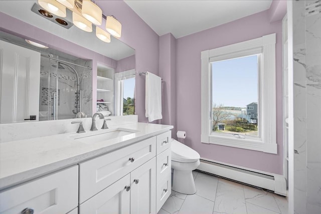 75 Point Allerton Ave, Hull, MA 02045 - full bathroom featuring a baseboard heating unit, marble finish flooring, a stall shower, vanity, and toilet