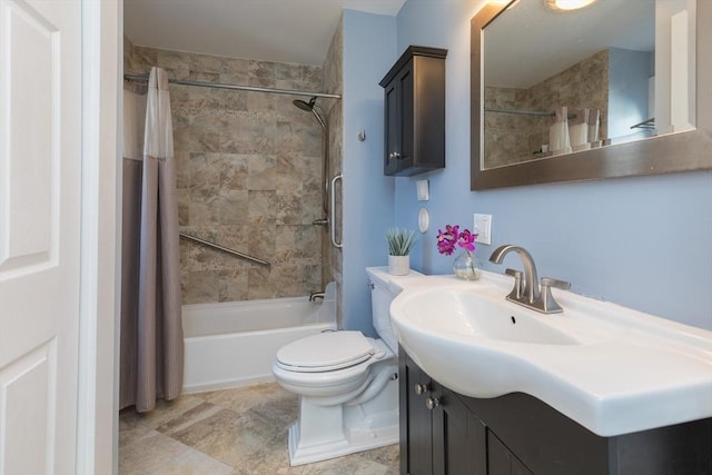 full bath featuring shower / bath combination with curtain, vanity, and toilet