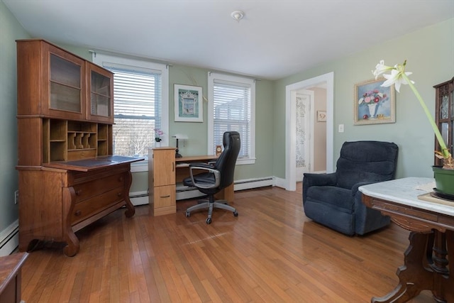 office space featuring a baseboard radiator and hardwood / wood-style floors