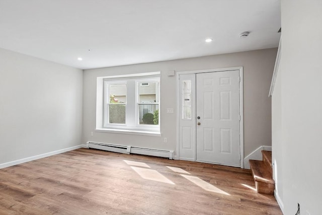 2 Howe Ter Unit 11, Boston, MA 02125 - entryway with a baseboard heating unit, wood finished floors, baseboards, stairs, and recessed lighting
