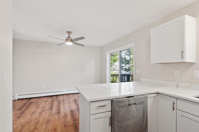 2 Howe Ter Unit 11, Boston, MA 02125 - kitchen featuring stainless steel dishwasher, a baseboard heating unit, a peninsula, white cabinets, and light wood-style flooring