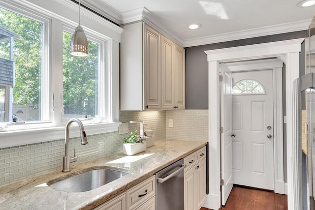 42 Sylvia Rd Unit 42, Medford, MA 02155 - kitchen featuring dishwasher, a sink, backsplash, light stone counters, and decorative light fixtures