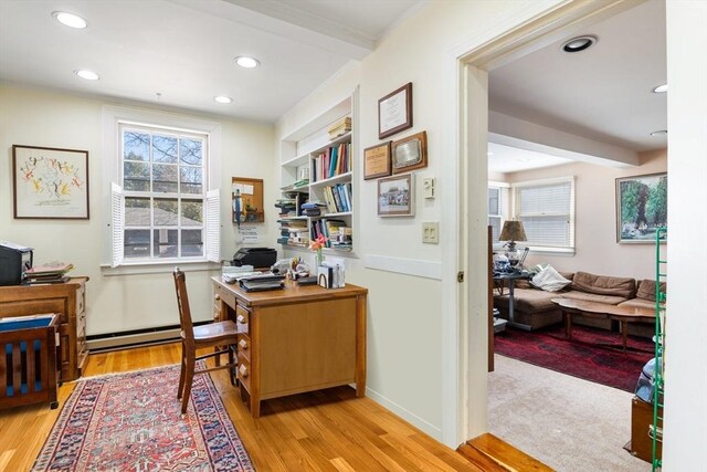 46 Central Ave, Newton, MA 02460 - office featuring beamed ceiling, light wood-type flooring, built in features, and recessed lighting