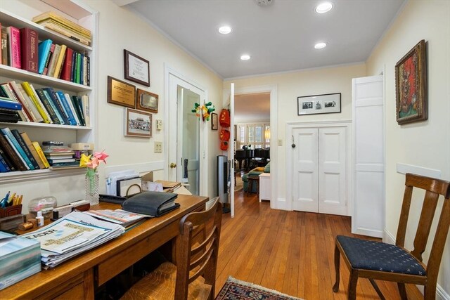 46 Central Ave, Newton, MA 02460 - home office with recessed lighting, crown molding, and wood finished floors