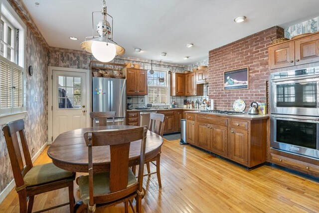 46 Central Ave, Newton, MA 02460 - dining area featuring baseboards, light wood-style flooring, and recessed lighting