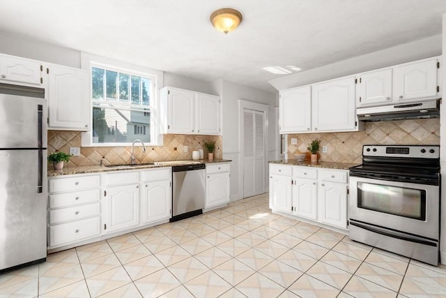 28 Saltonstall Rd, North Andover, MA 01845 - kitchen featuring stainless steel appliances, a sink, under cabinet range hood, white cabinetry, and stone countertops