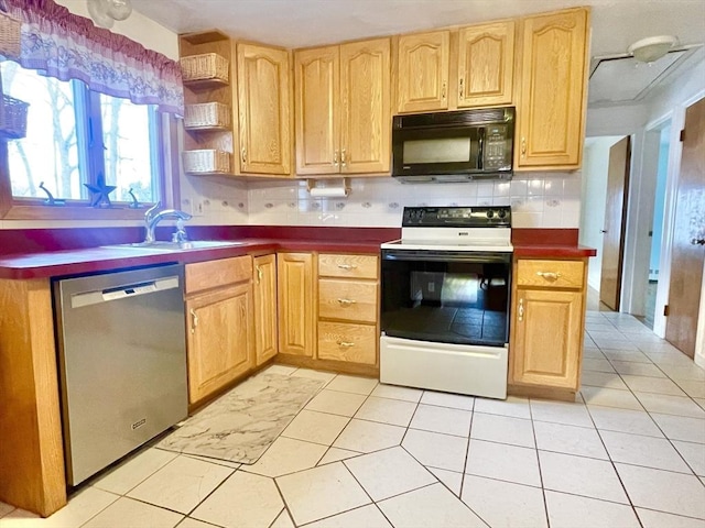 kitchen featuring electric range oven, dishwasher, light brown cabinetry, black microwave, and a sink