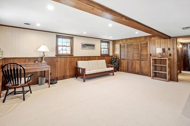 living room with beamed ceiling, carpet flooring, and recessed lighting