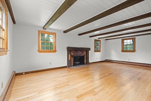 27 Albion Ln, West Newbury, MA 01985 - unfurnished living room featuring a fireplace, a baseboard heating unit, wood finished floors, and a wood ceiling with exposed beams