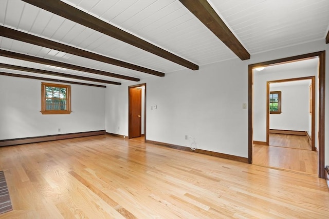 27 Albion Ln, West Newbury, MA 01985 - empty room with beam ceiling, light wood-style floors, plenty of natural light, and a baseboard radiator